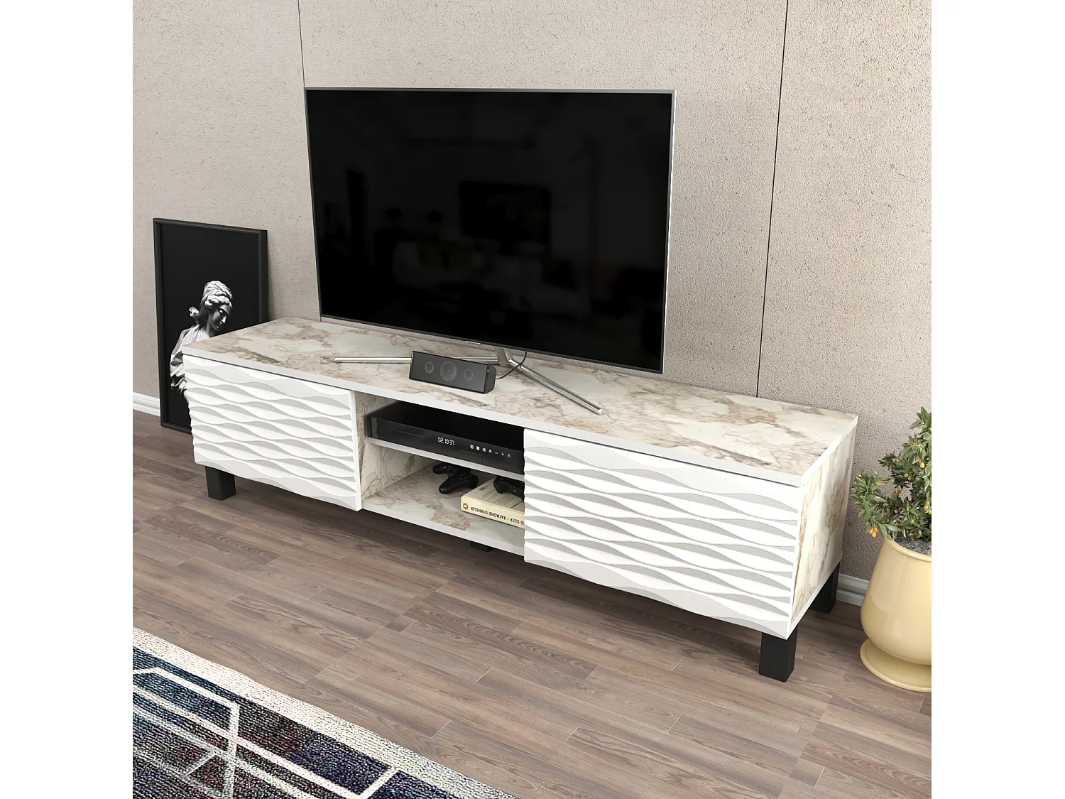Meuble TV Lukas de 150 cm avec Armoires et Etagères Ouvertes (Effet marbre blanc et blanc)