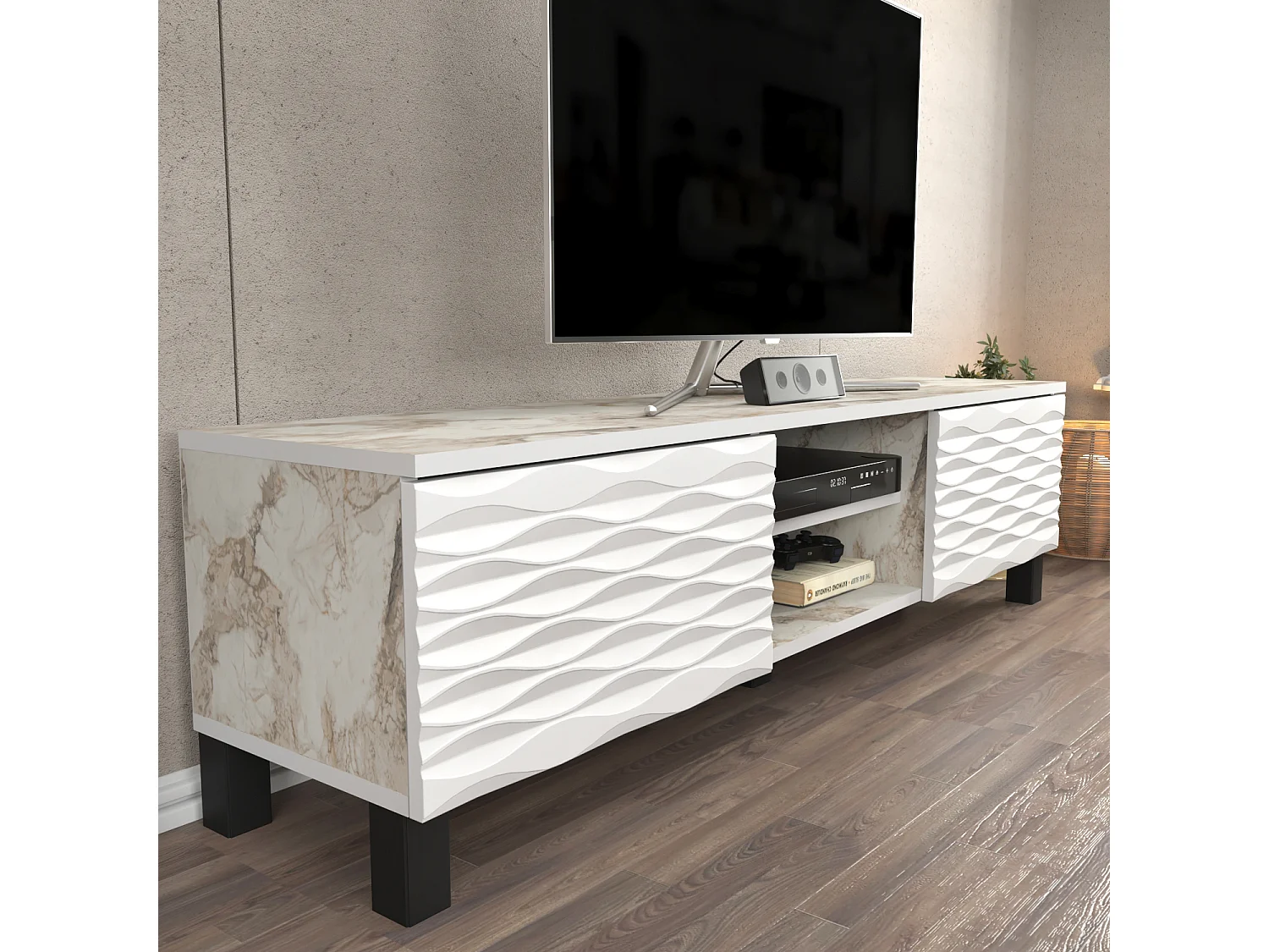 Meuble TV Lukas de 150 cm avec Armoires et Etagères Ouvertes (Effet marbre blanc et blanc)