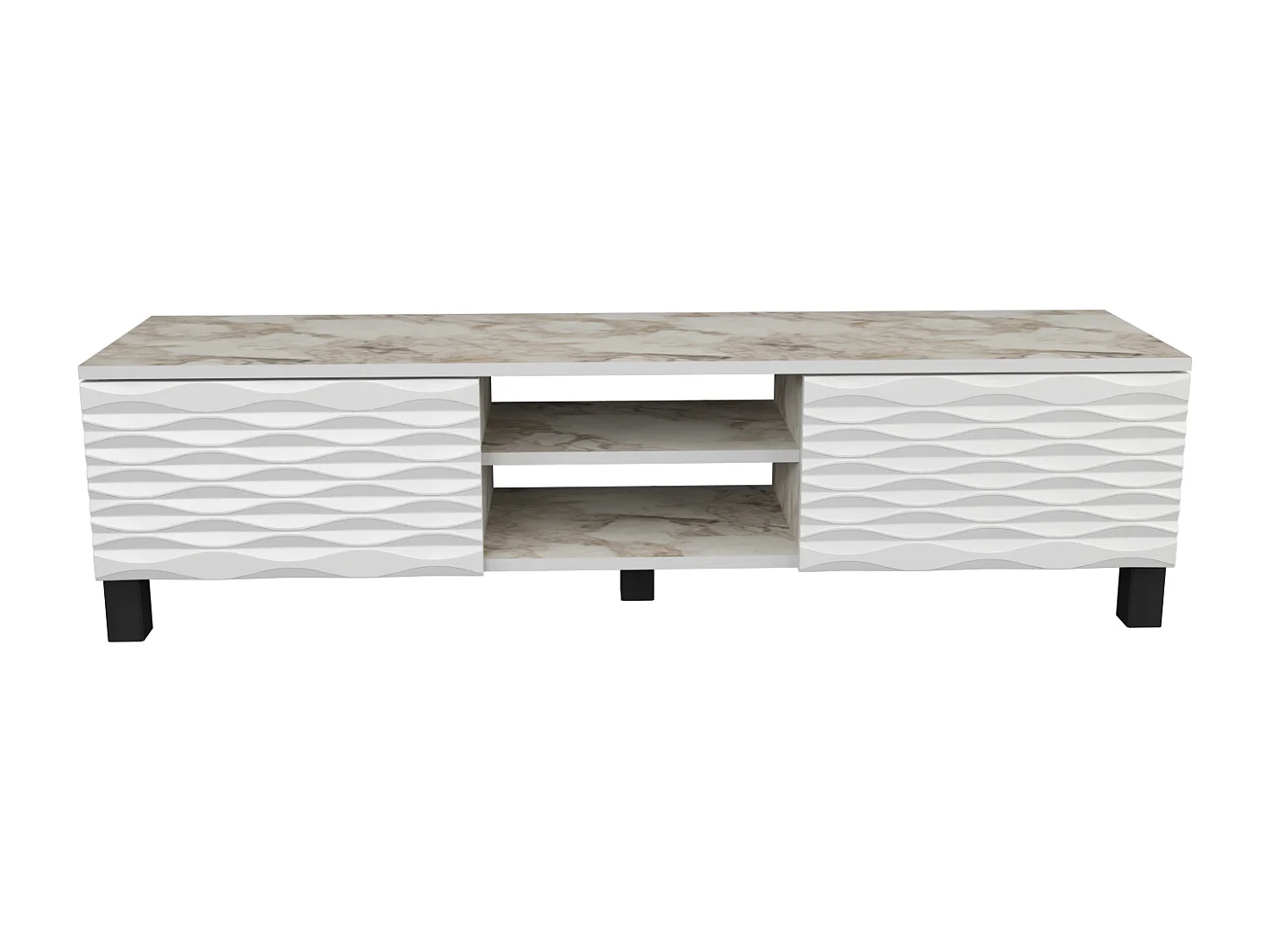 Meuble TV Lukas de 150 cm avec Armoires et Etagères Ouvertes (Effet marbre blanc et blanc)