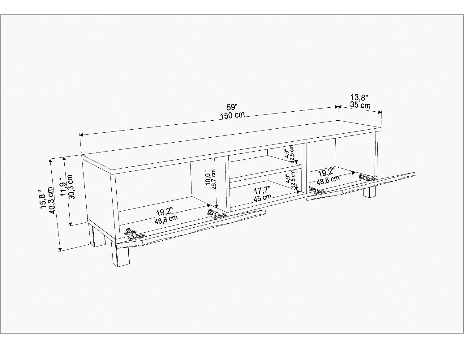 Meuble TV Lukas de 150 cm avec Armoires et Etagères Ouvertes (Effet marbre blanc et blanc)