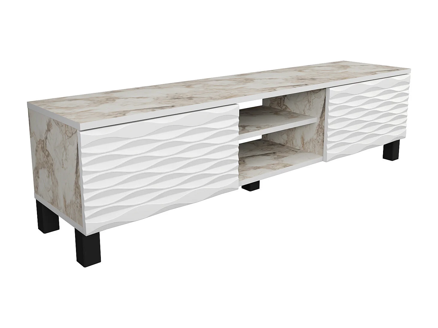 Meuble TV Lukas de 150 cm avec Armoires et Etagères Ouvertes (Effet marbre blanc et blanc)