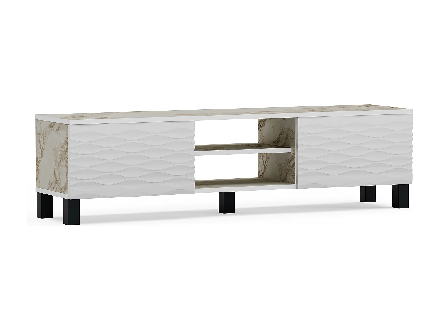 Meuble TV Lukas de 150 cm avec Armoires et Etagères Ouvertes (Effet marbre blanc et blanc)