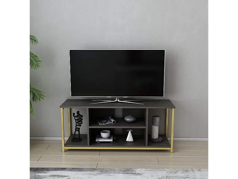 Meuble TV Rinaldo de 120 cm avec niches, cadre en métal (Doré et Frig)