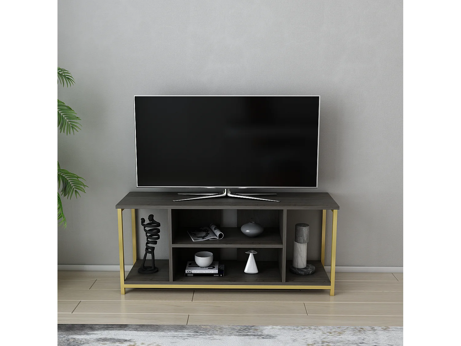 Meuble TV Rinaldo de 120 cm avec niches, cadre en métal (Doré et Frig)