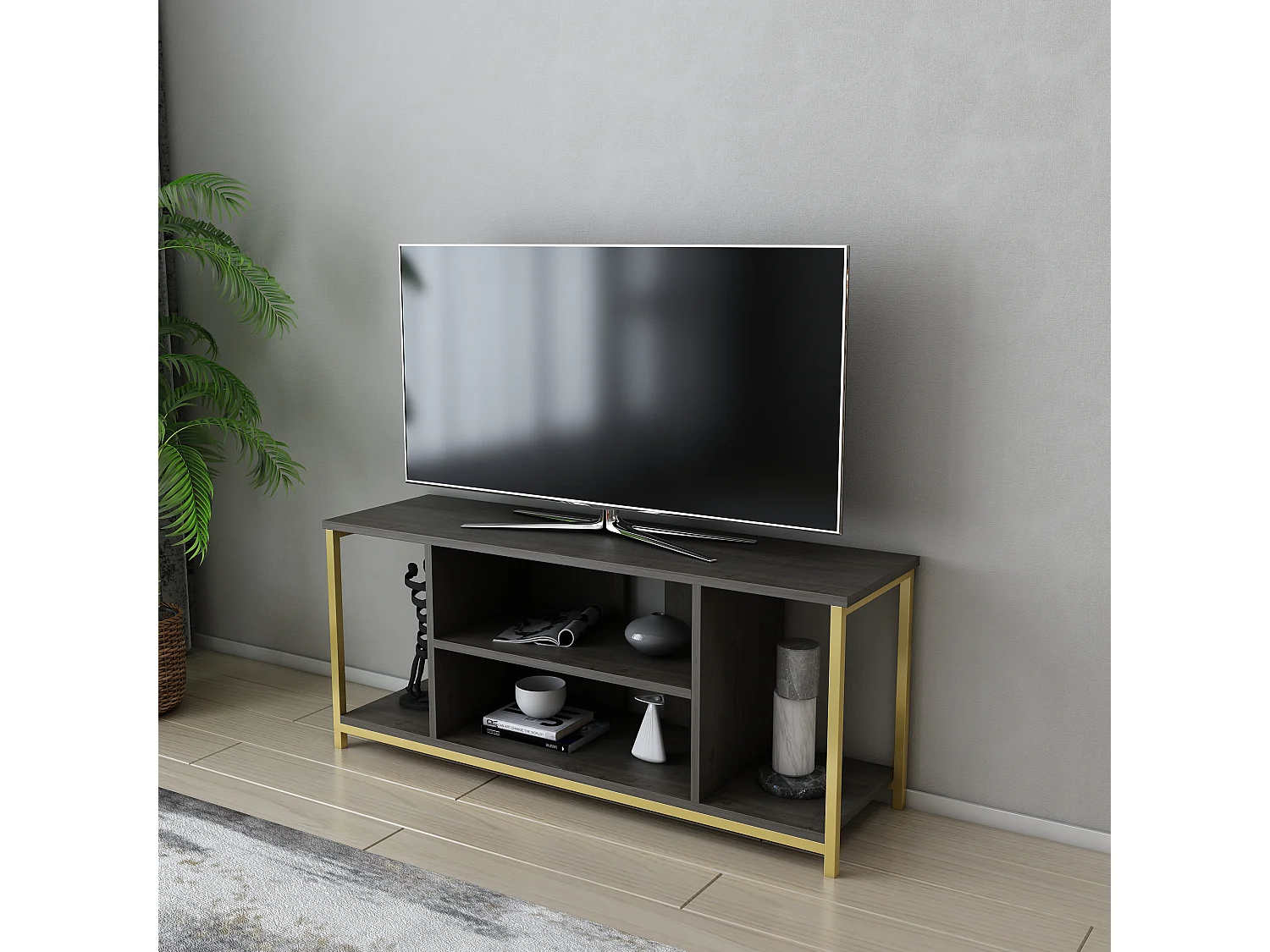 Meuble TV Rinaldo de 120 cm avec niches, cadre en métal (Doré et Frig)