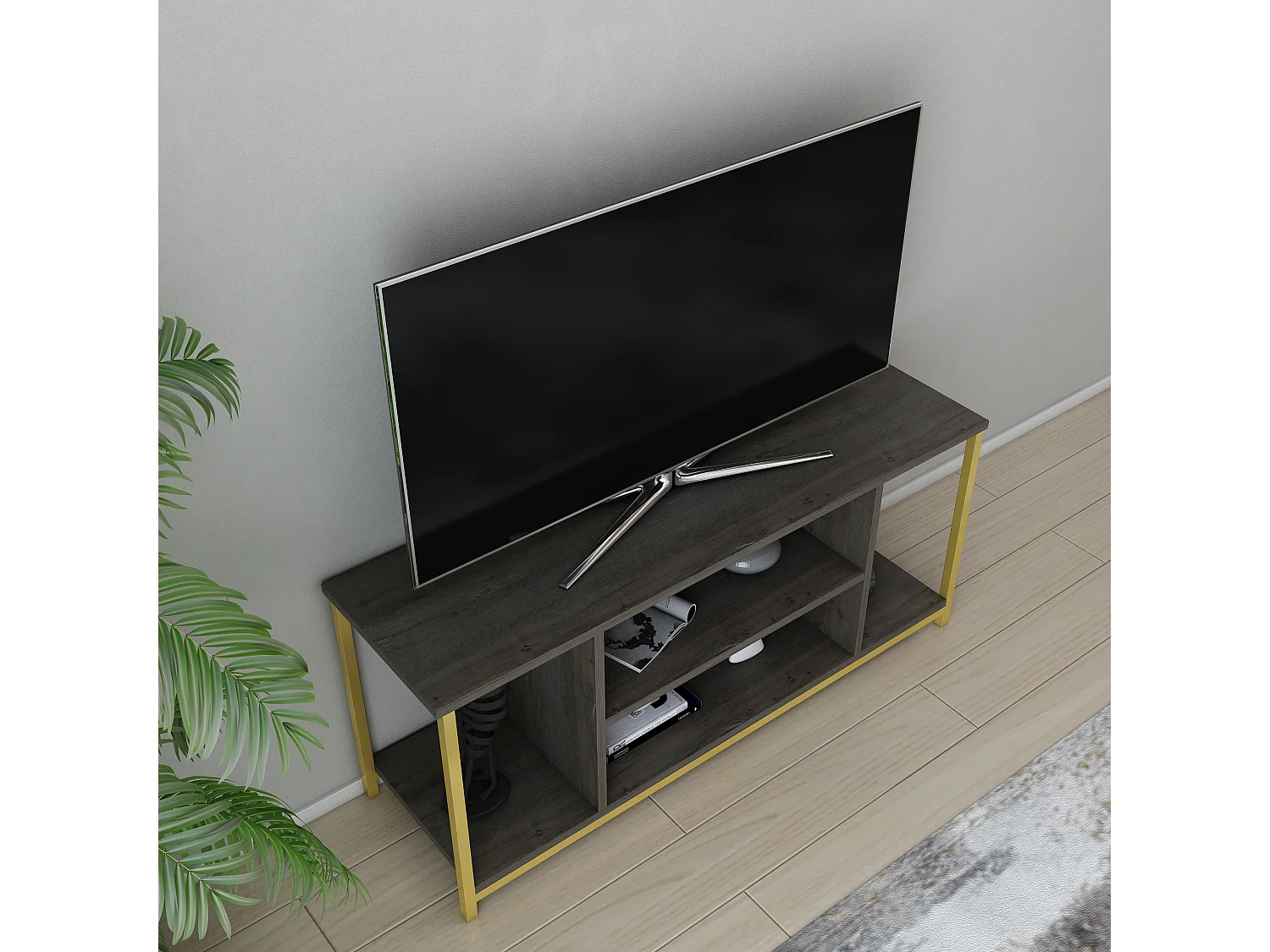 Meuble TV Rinaldo de 120 cm avec niches, cadre en métal (Doré et Frig)