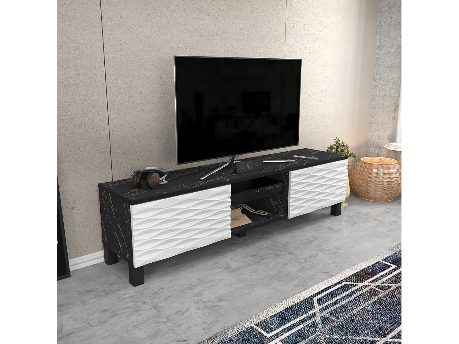 Meuble TV Lukas de 150 cm avec Armoires et Etagères Ouvertes (Effet marbre noir et blanc)