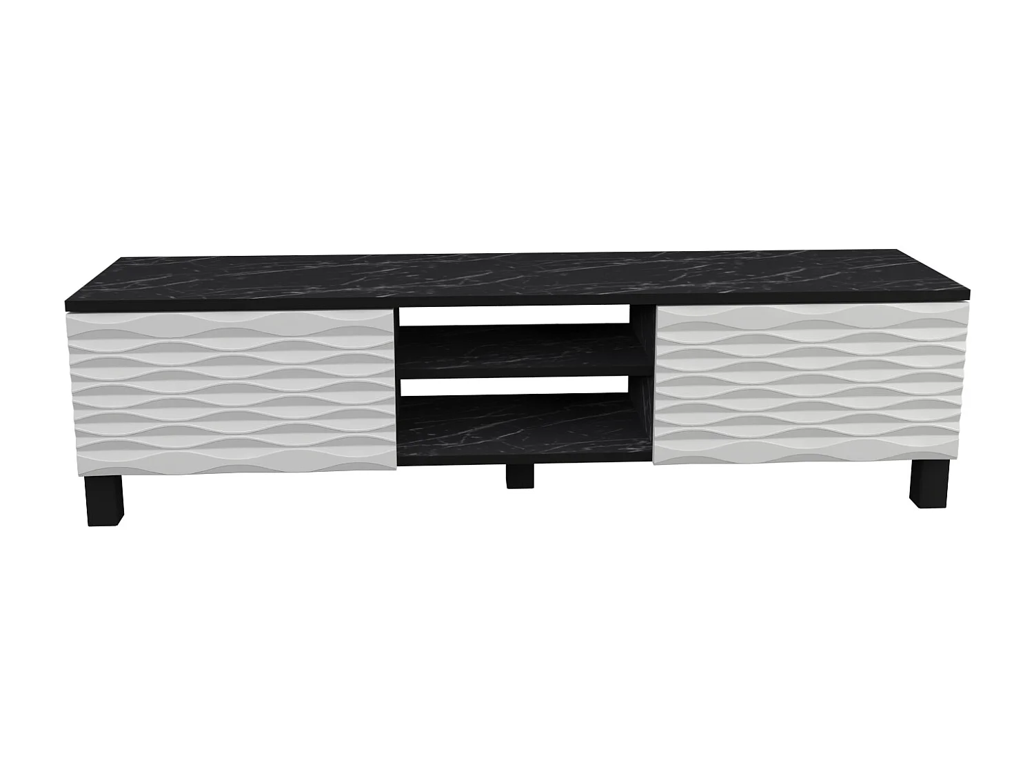 Meuble TV Lukas de 150 cm avec Armoires et Etagères Ouvertes (Effet marbre noir et blanc)