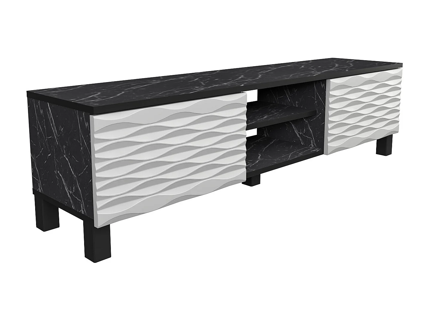 Meuble TV Lukas de 150 cm avec Armoires et Etagères Ouvertes (Effet marbre noir et blanc)