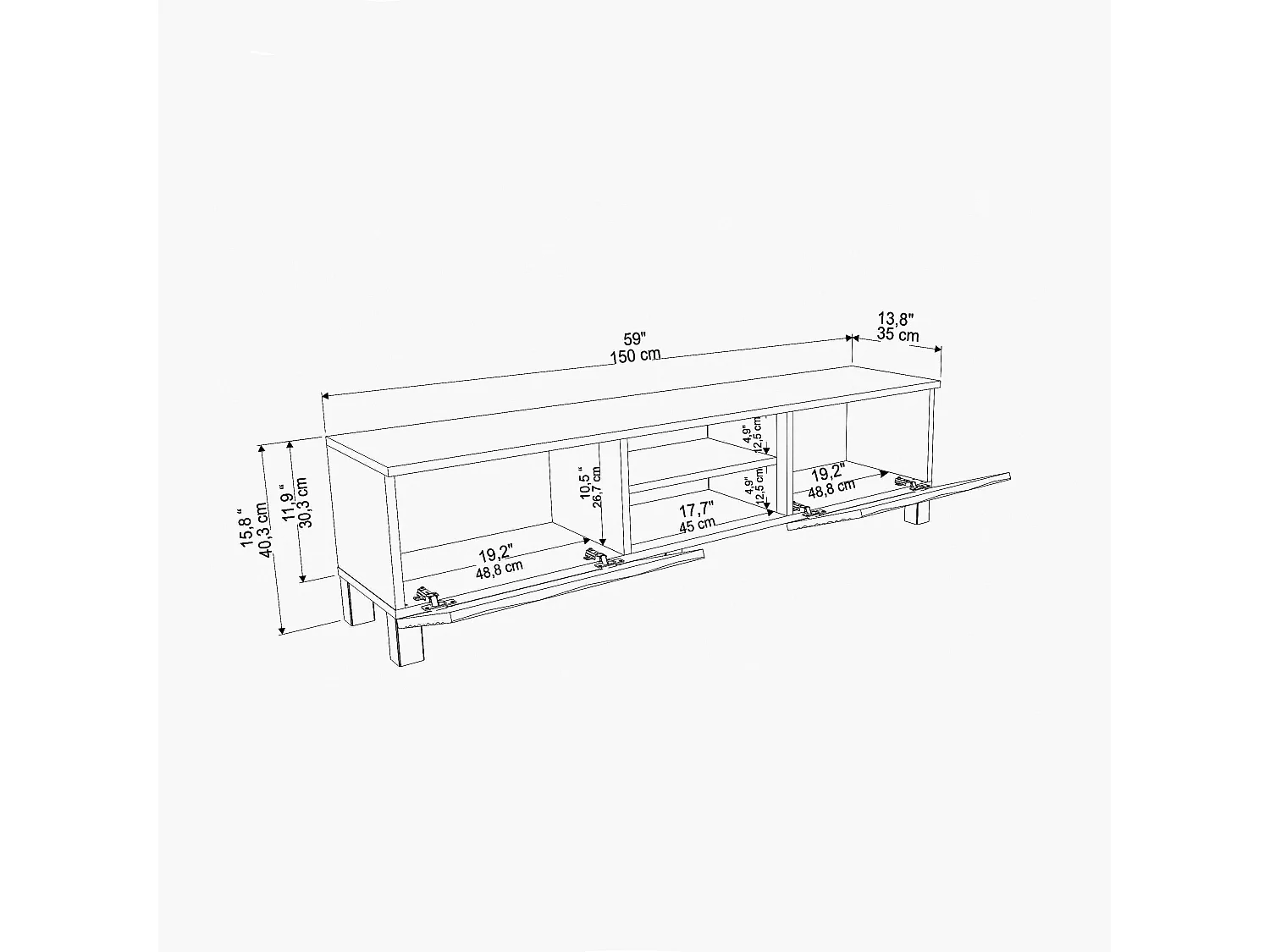 Meuble TV Lukas de 150 cm avec Armoires et Etagères Ouvertes (Effet marbre noir et blanc)