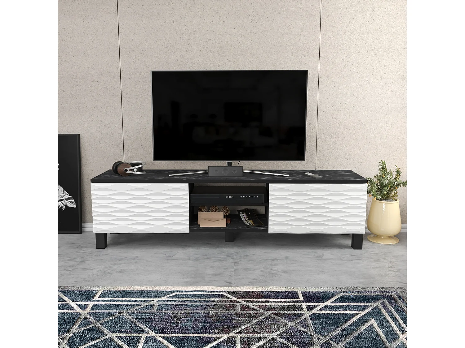 Meuble TV Lukas de 150 cm avec Armoires et Etagères Ouvertes (Effet marbre noir et blanc)