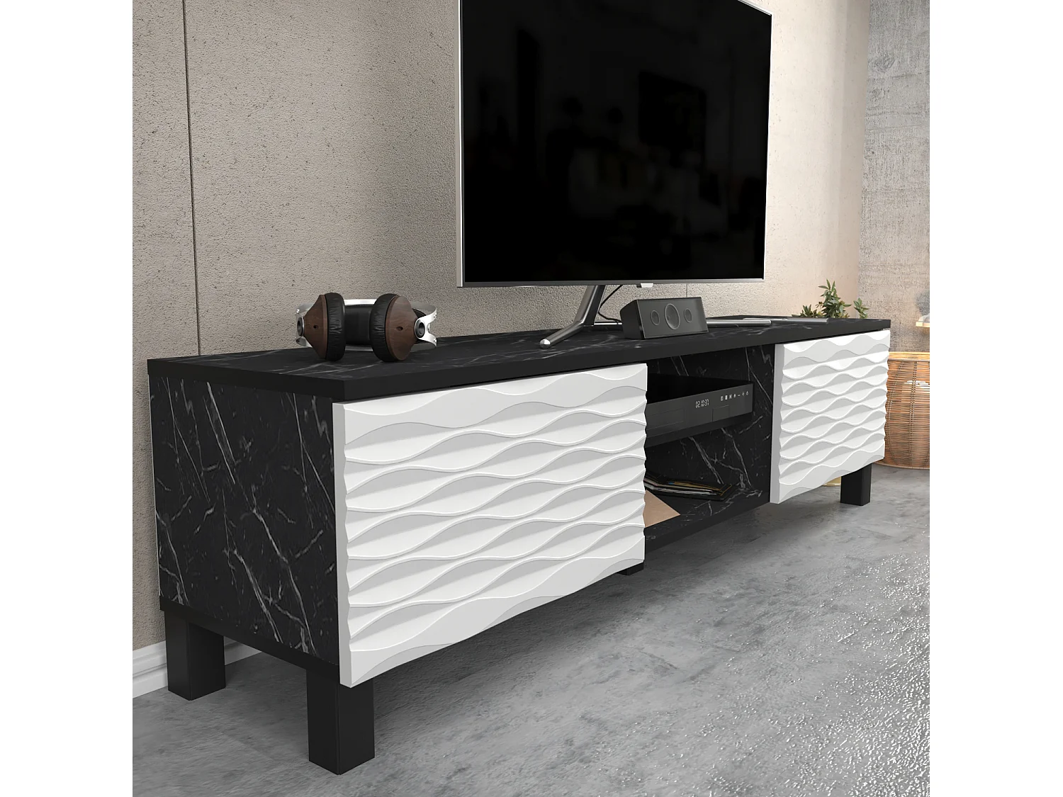 Meuble TV Lukas de 150 cm avec Armoires et Etagères Ouvertes (Effet marbre noir et blanc)