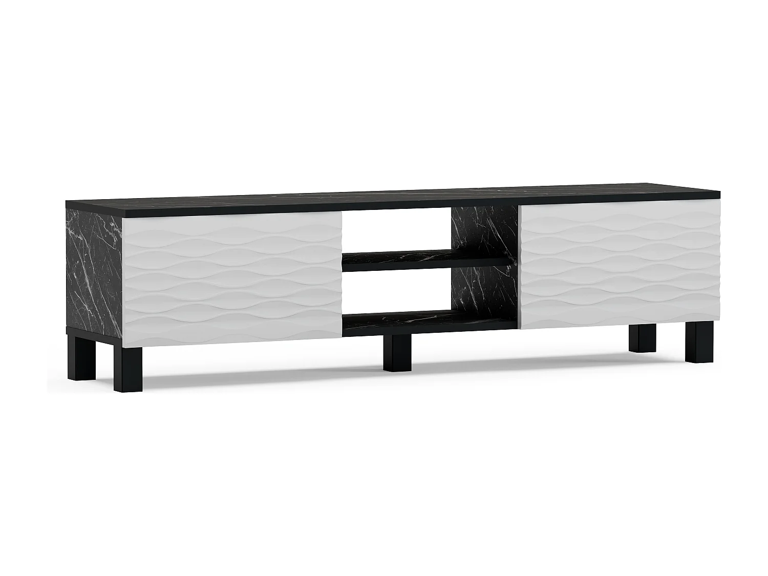Meuble TV Lukas de 150 cm avec Armoires et Etagères Ouvertes (Effet marbre noir et blanc)