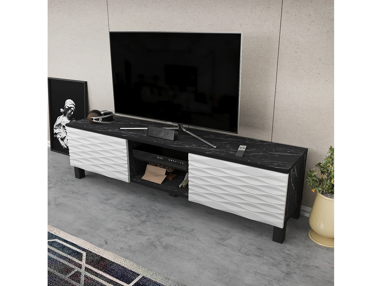 Meuble TV Lukas de 150 cm avec Armoires et Etagères Ouvertes (Effet marbre noir et blanc)