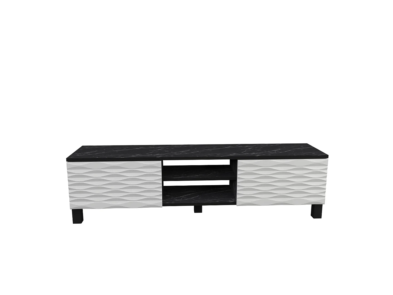 Meuble TV Lukas de 150 cm avec Armoires et Etagères Ouvertes (Effet marbre noir et blanc)