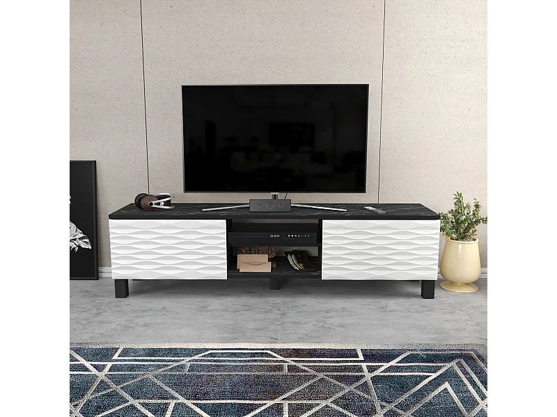 Meuble TV Lukas de 150 cm avec Armoires et Etagères Ouvertes (Effet marbre noir et blanc)