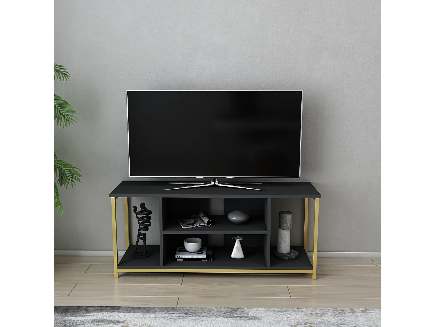 Meuble TV Rinaldo de 120 cm avec niches, cadre en métal (Doré et Anthracite)