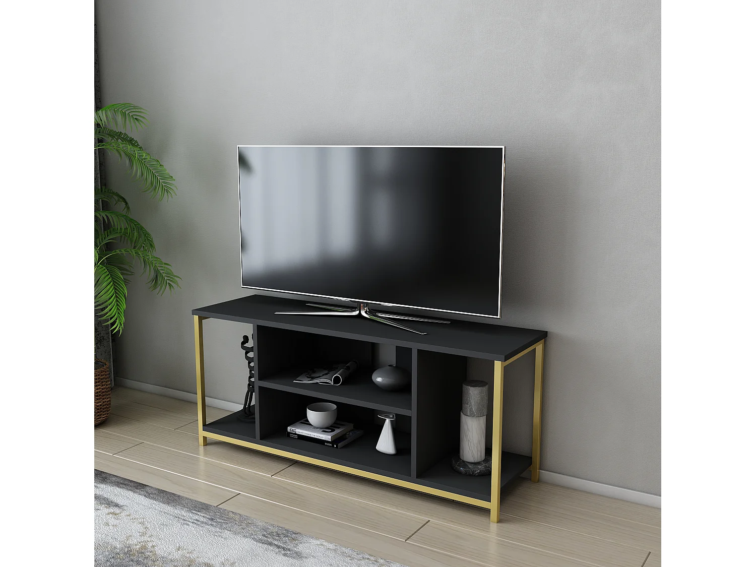 Meuble TV Rinaldo de 120 cm avec niches, cadre en métal (Doré et Anthracite)