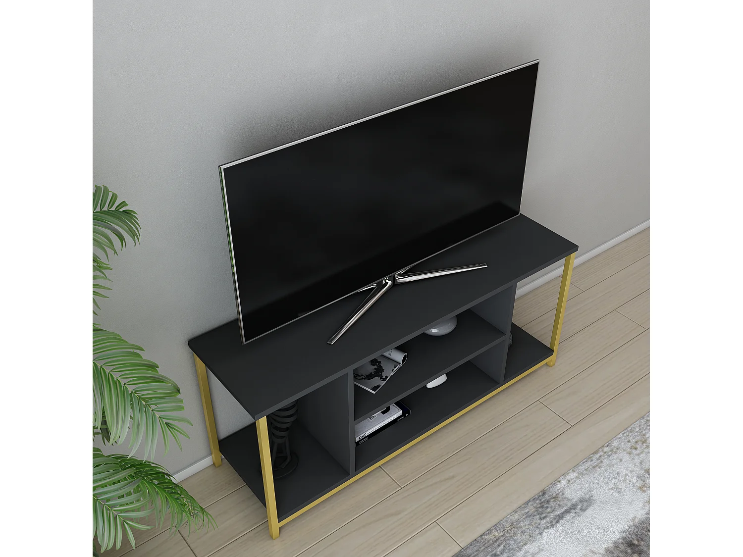 Meuble TV Rinaldo de 120 cm avec niches, cadre en métal (Doré et Anthracite)