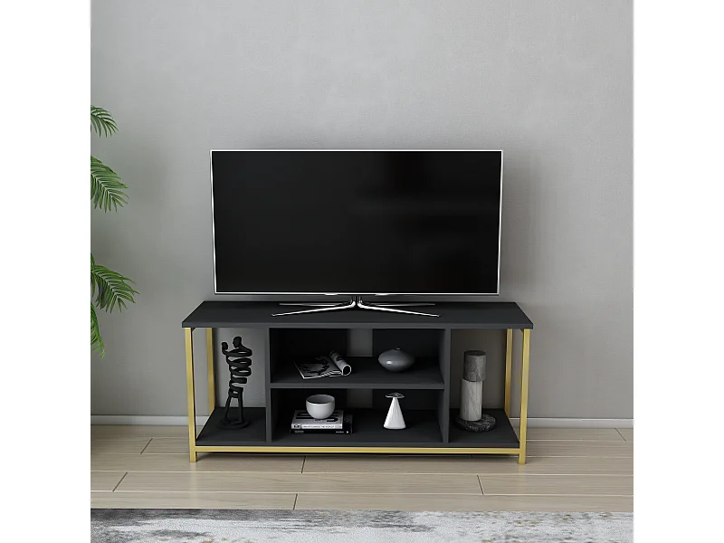 Meuble TV Rinaldo de 120 cm avec niches, cadre en métal (Doré et Anthracite)