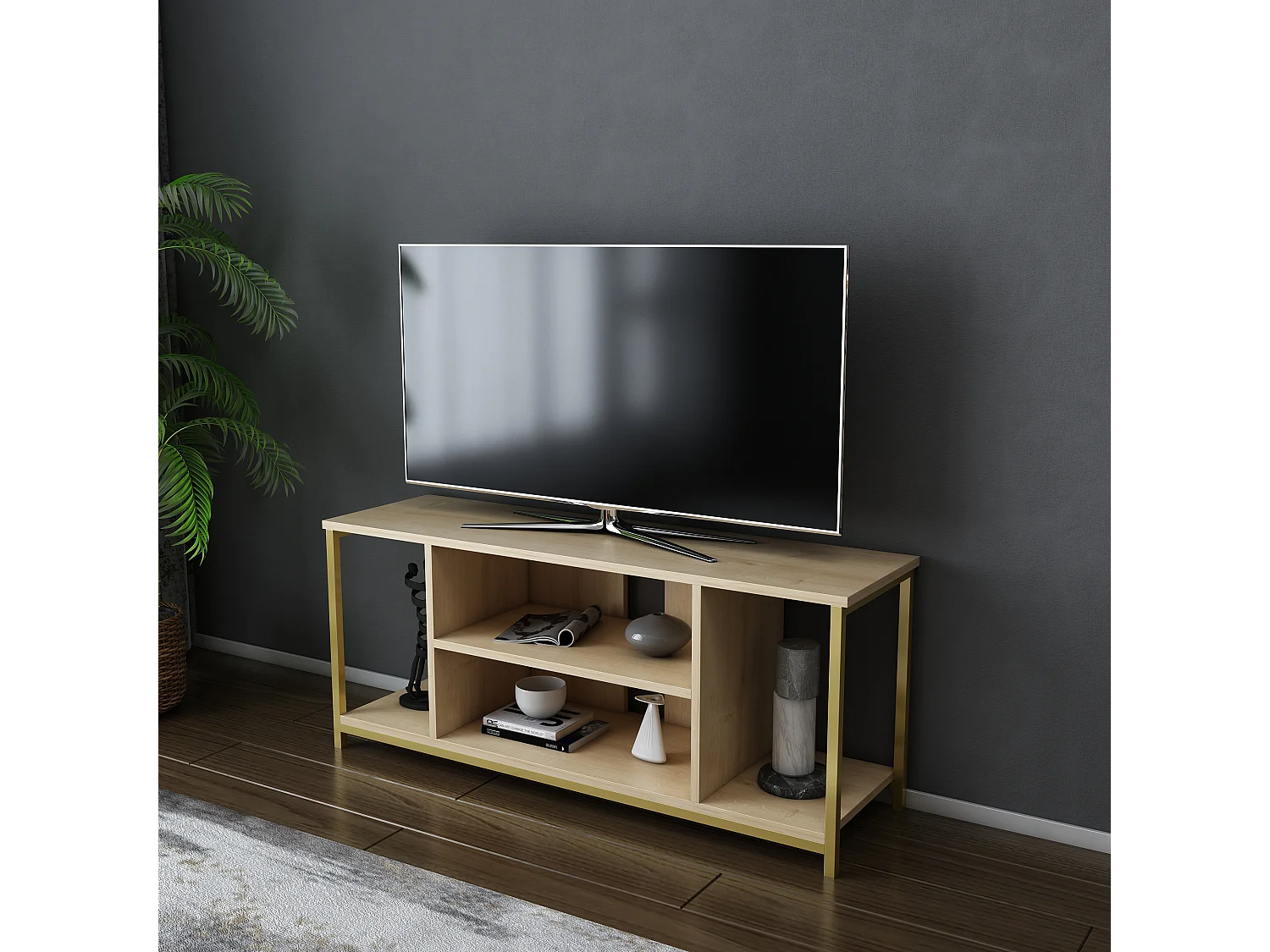Meuble TV Rinaldo de 120 cm avec niches, cadre en métal (Doré et Chêne)