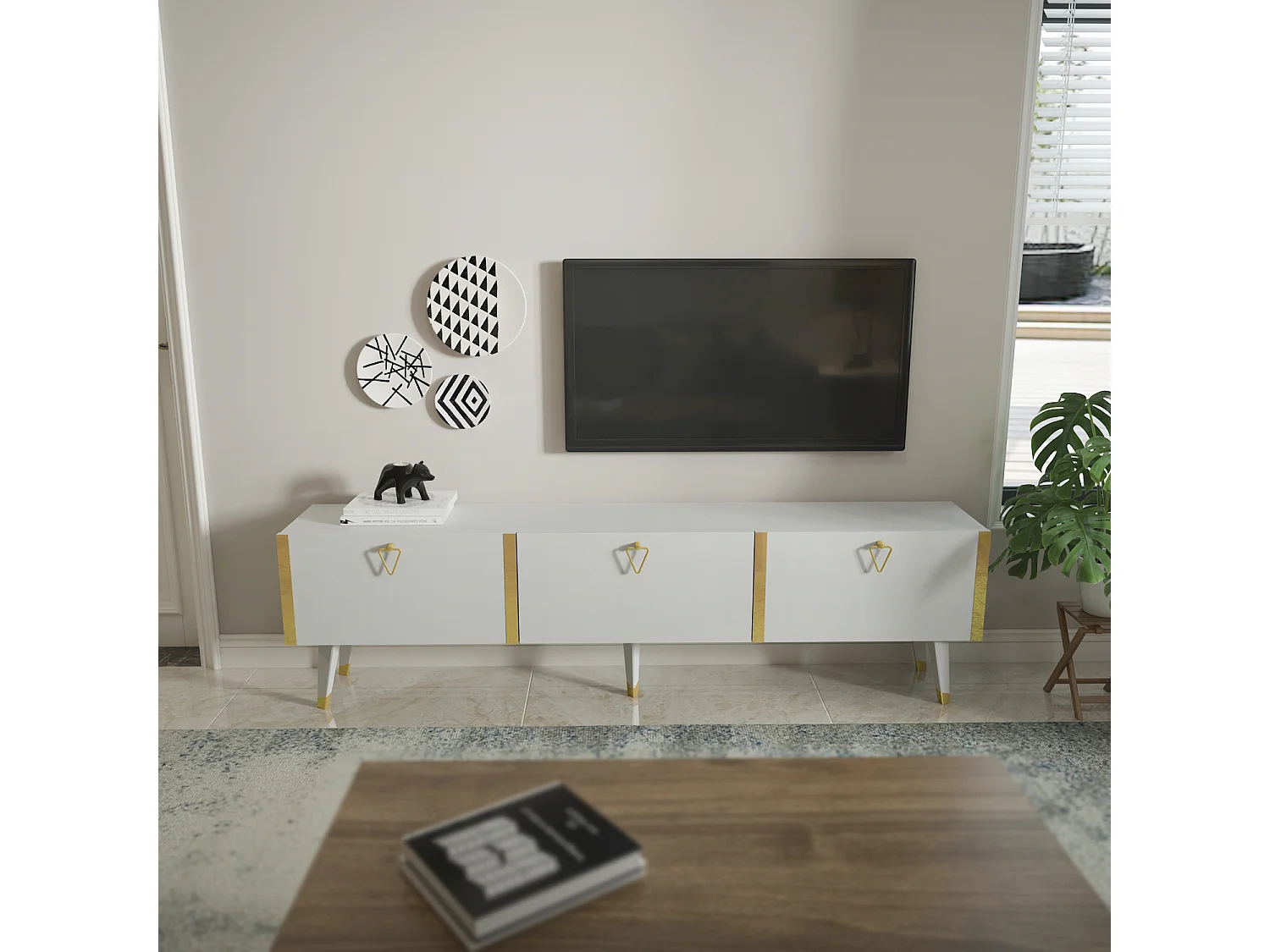 Meuble TV Milagro 180 cm Armoires Abattants Design Chic à 5 Pieds (Blanc et Doré)