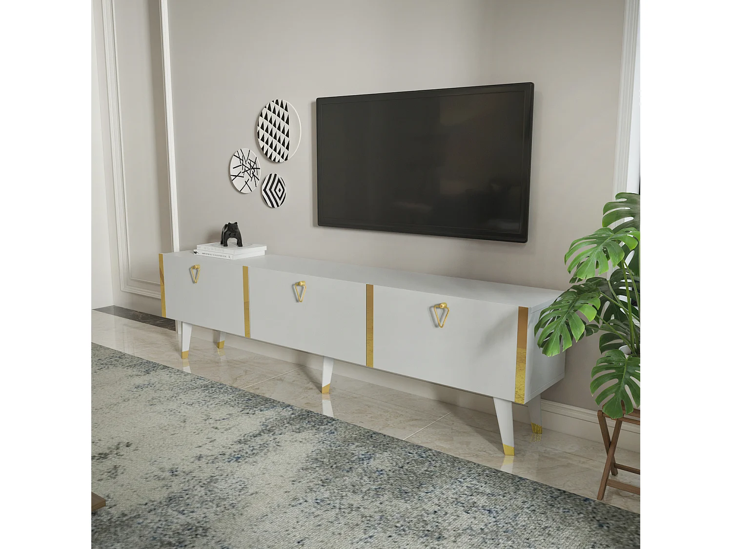Meuble TV Milagro 180 cm Armoires Abattants Design Chic à 5 Pieds (Blanc et Doré)