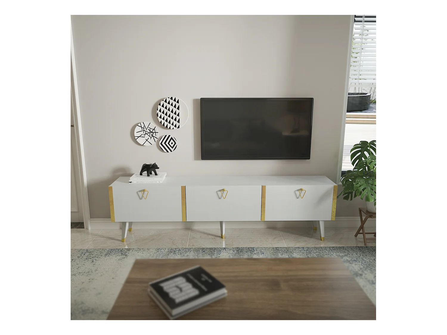 Meuble TV Milagro 180 cm Armoires Abattants Design Chic à 5 Pieds (Blanc et Doré)