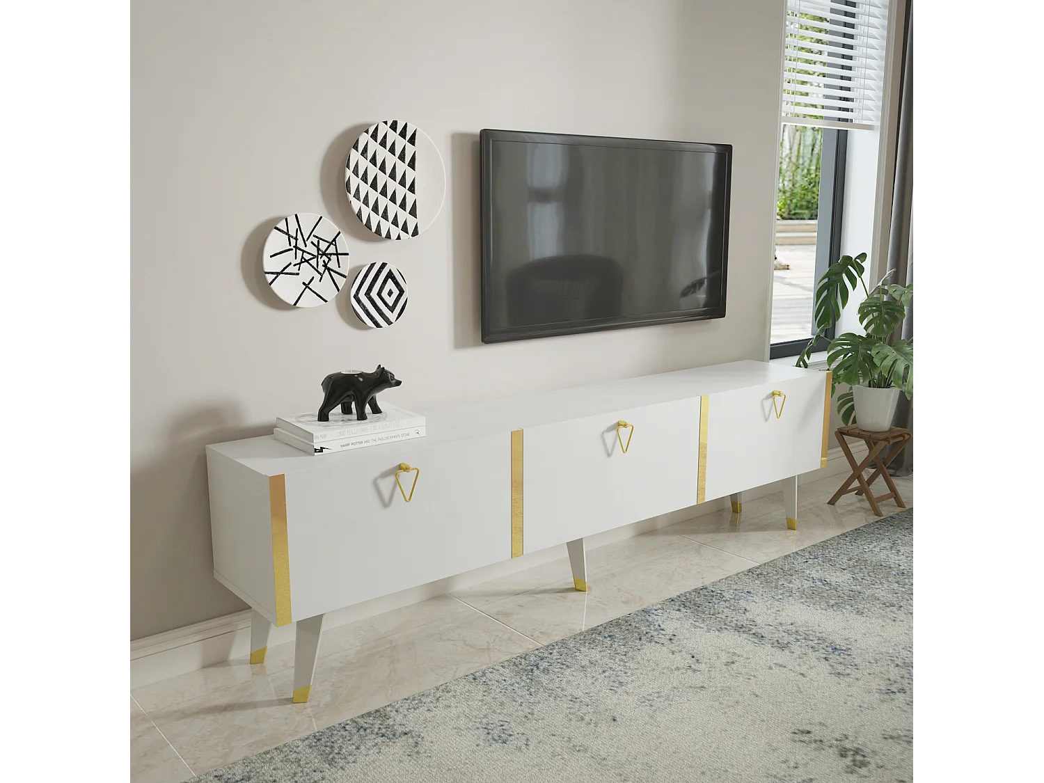 Meuble TV Milagro 180 cm Armoires Abattants Design Chic à 5 Pieds (Blanc et Doré)