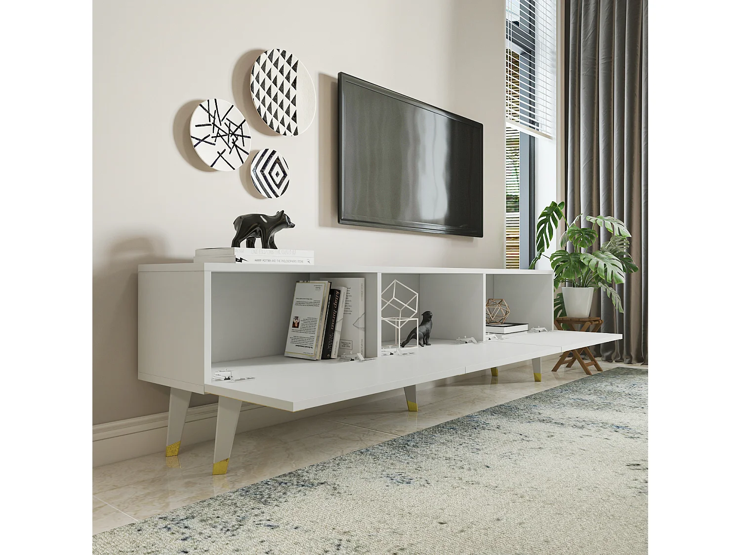 Meuble TV Milagro 180 cm Armoires Abattants Design Chic à 5 Pieds (Blanc et Doré)