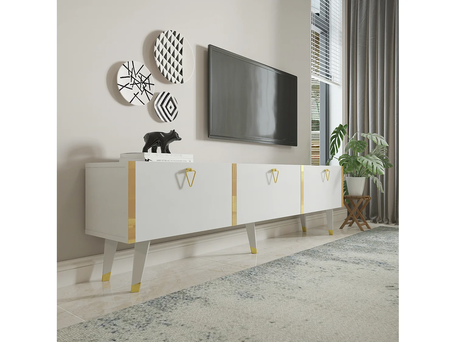 Meuble TV Milagro 180 cm Armoires Abattants Design Chic à 5 Pieds (Blanc et Doré)