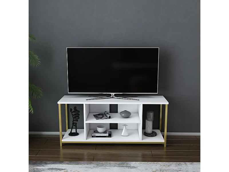 Meuble TV Rinaldo de 120 cm avec niches, cadre en métal (Doré et Blanc)