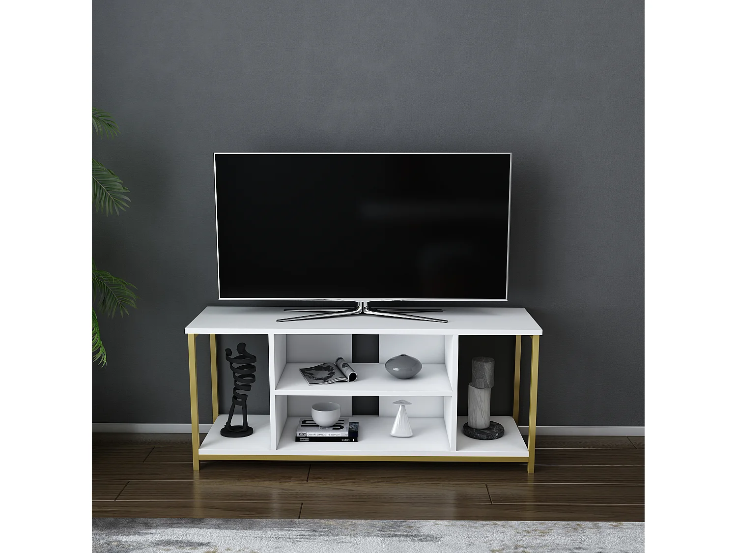 Meuble TV Rinaldo de 120 cm avec niches, cadre en métal (Doré et Blanc)