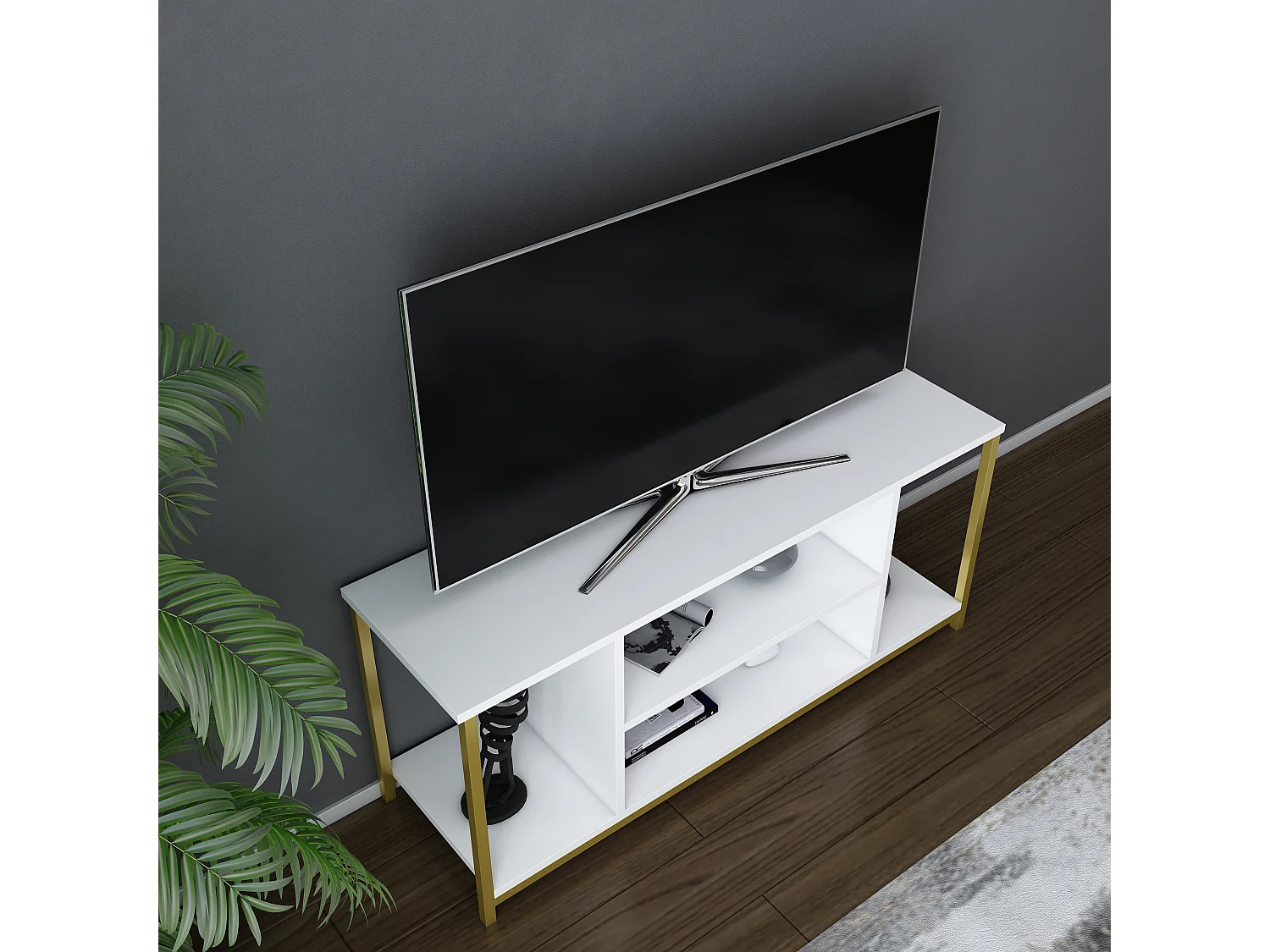 Meuble TV Rinaldo de 120 cm avec niches, cadre en métal (Doré et Blanc)