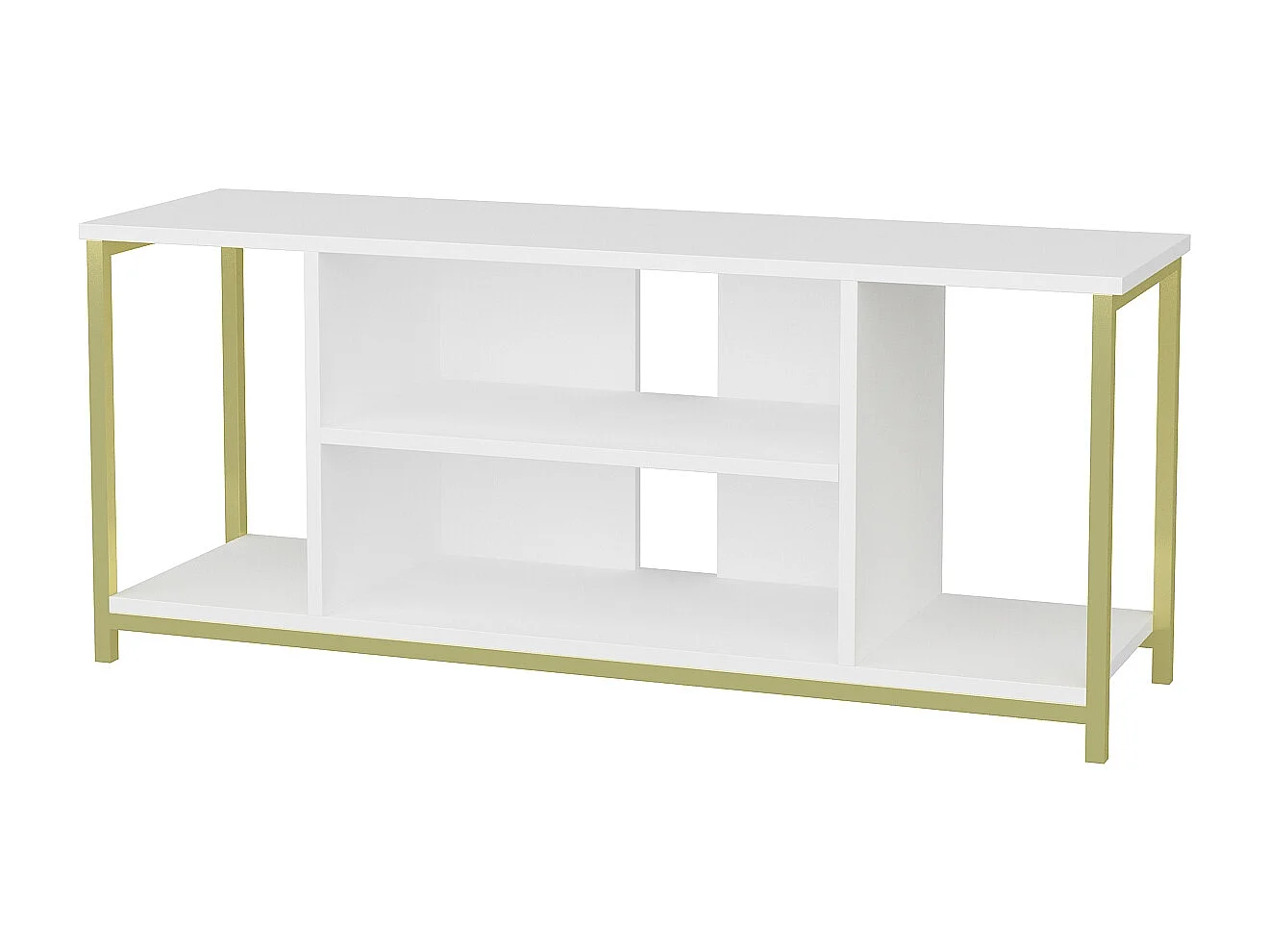 Meuble TV Rinaldo de 120 cm avec niches, cadre en métal (Doré et Blanc)