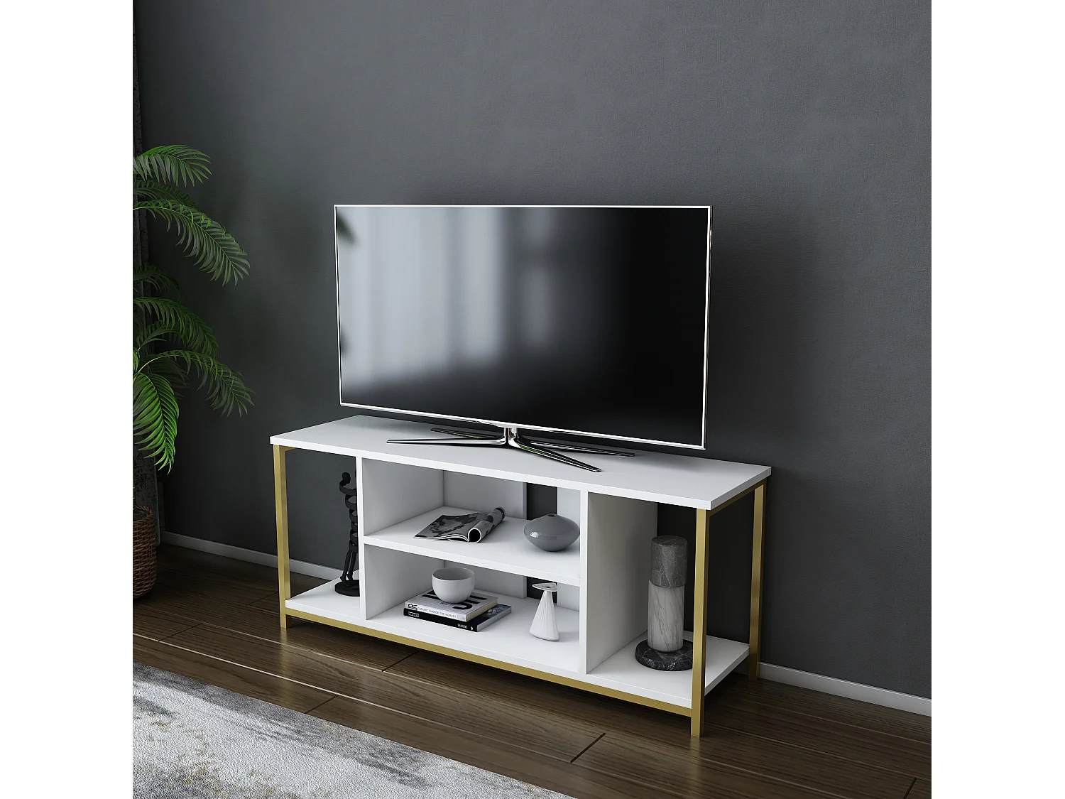 Meuble TV Rinaldo de 120 cm avec niches, cadre en métal (Doré et Blanc)