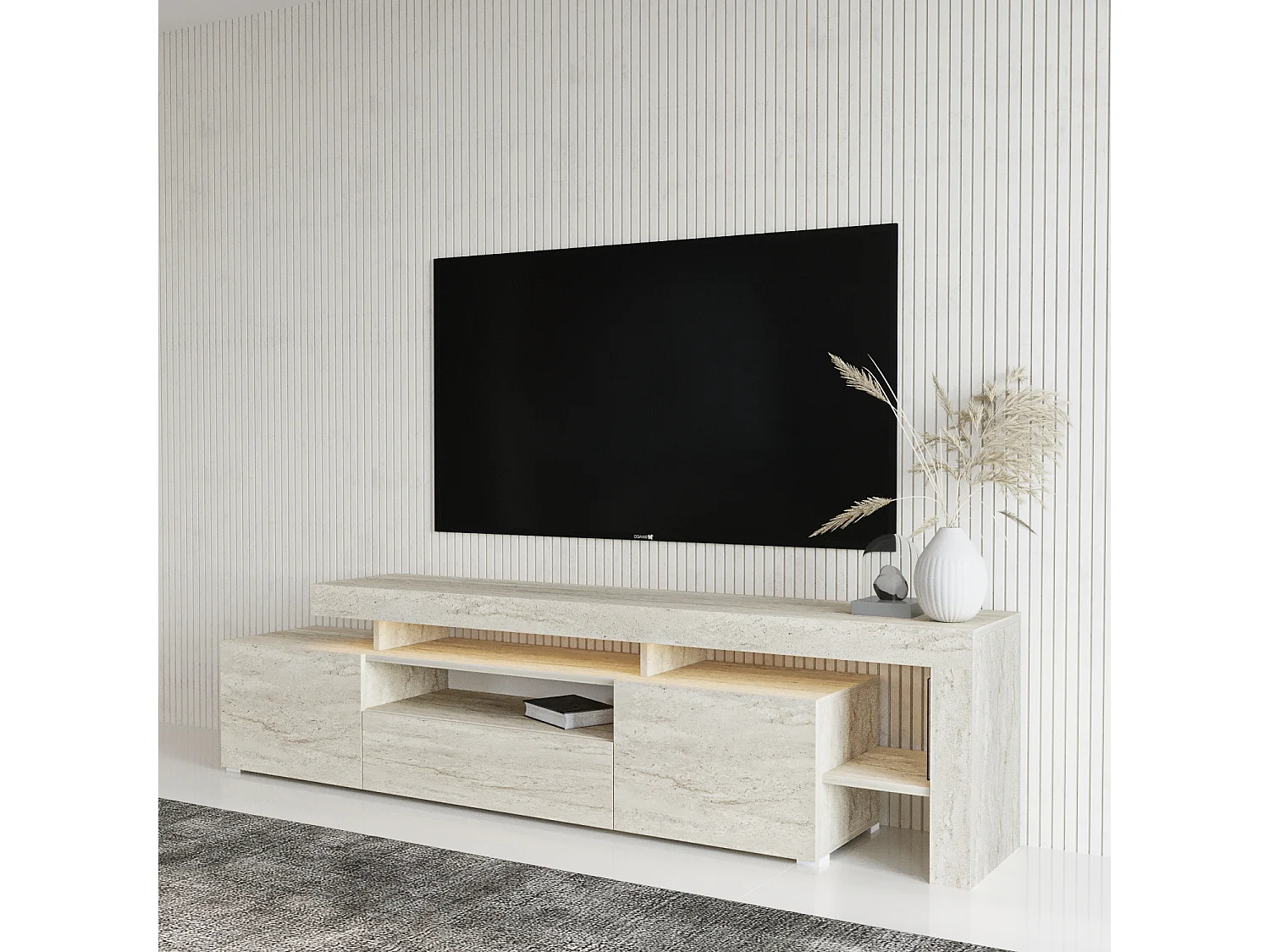 TV Lowboard  Beige Granit Optik mit LED-Leuchten