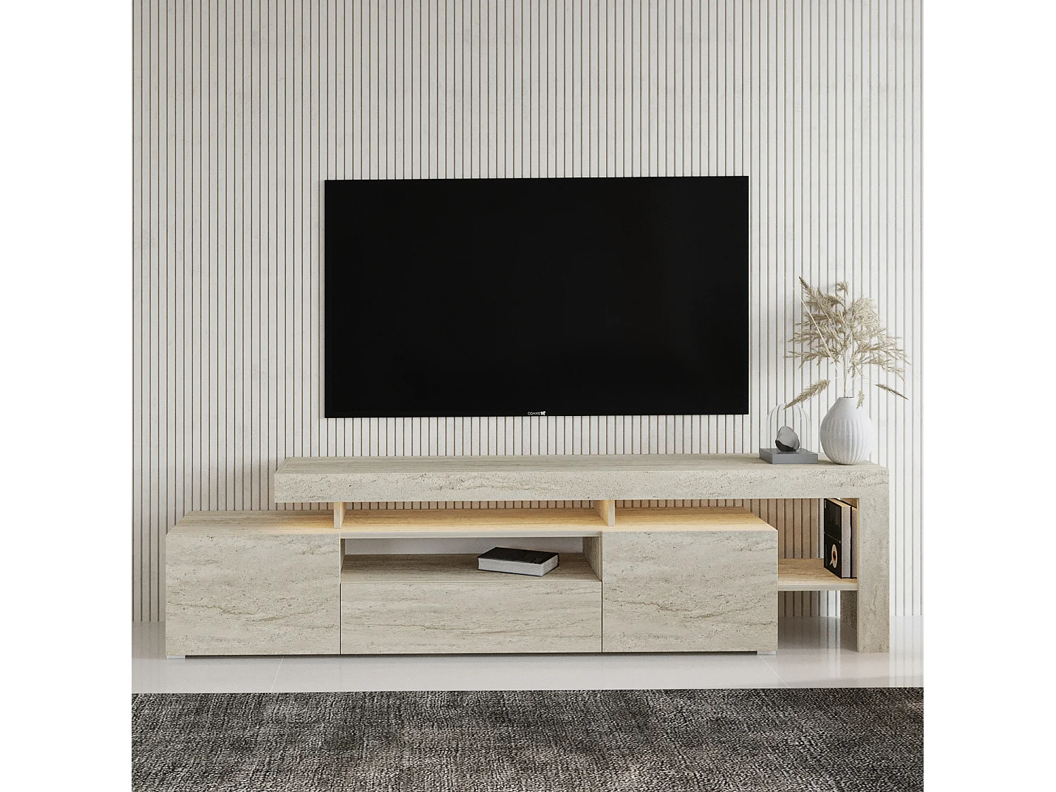TV Lowboard  Beige Granit Optik mit LED-Leuchten