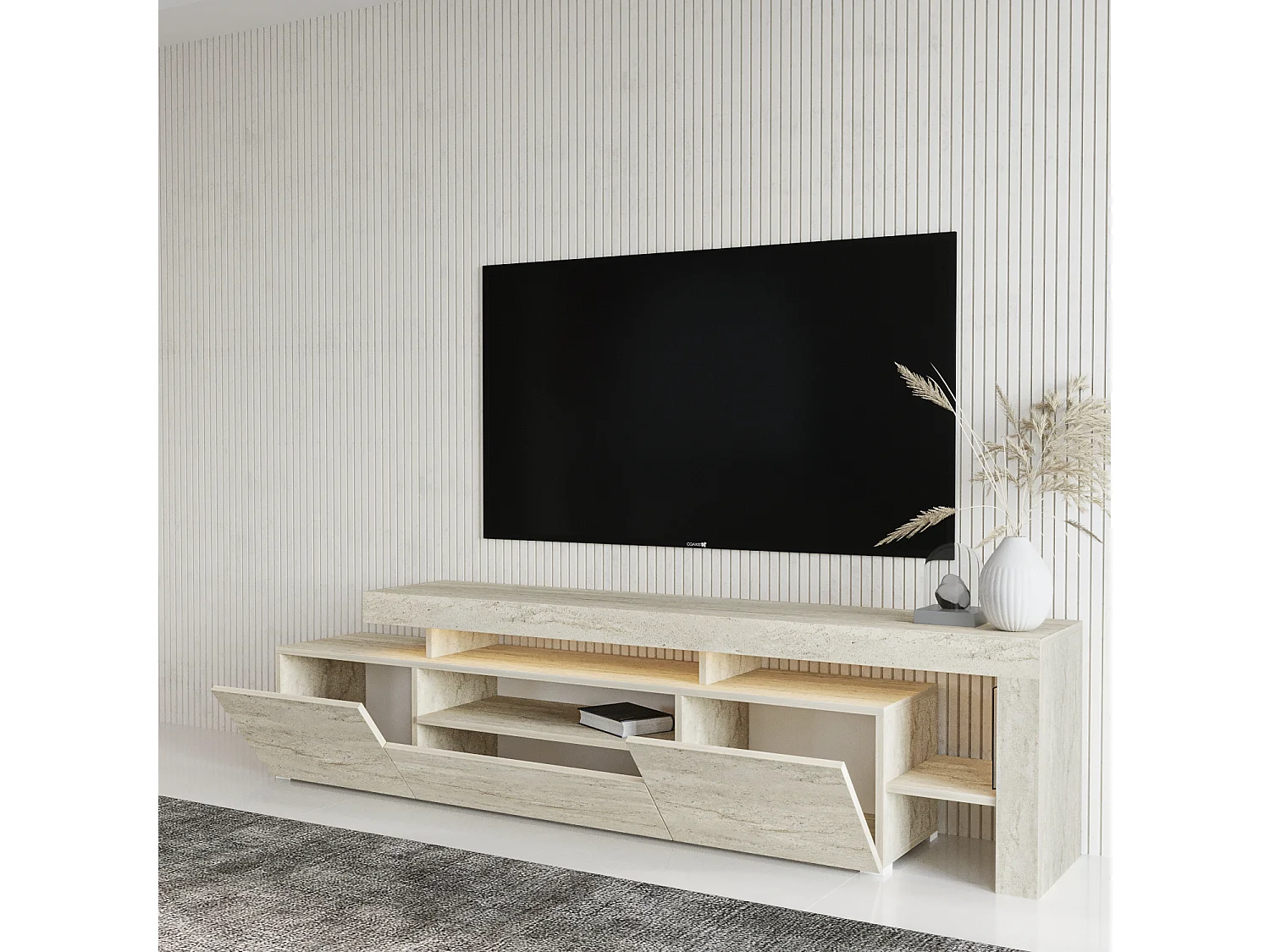TV Lowboard  Beige Granit Optik mit LED-Leuchten