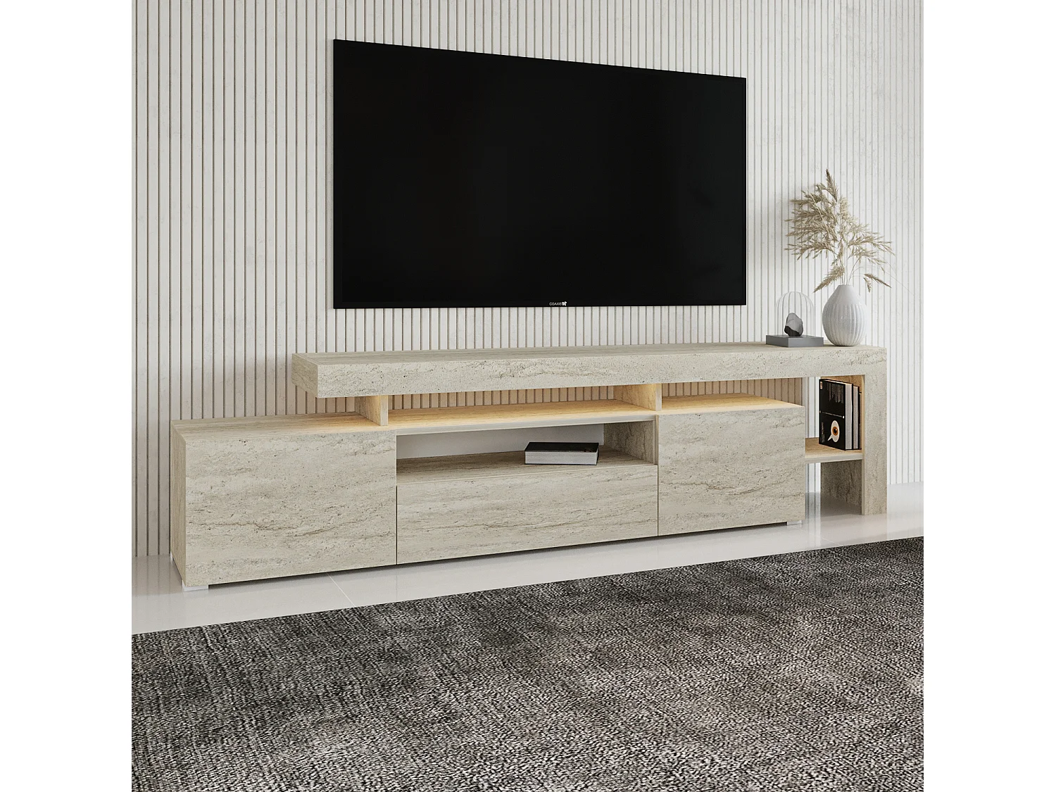 TV Lowboard  Beige Granit Optik mit LED-Leuchten