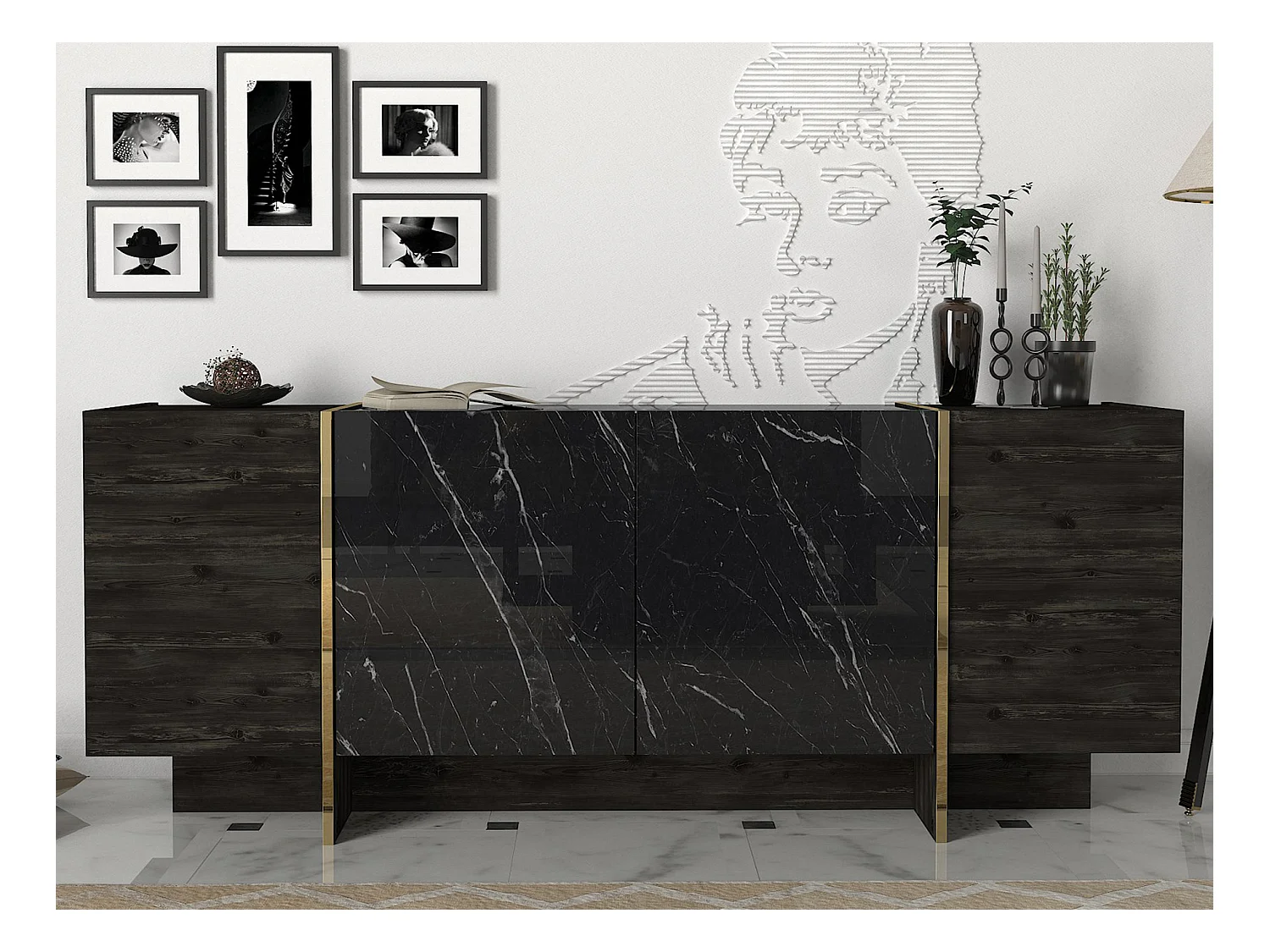Sideboard Veyron Rebab Braun Dunkelgrau ( Marmor Optik )