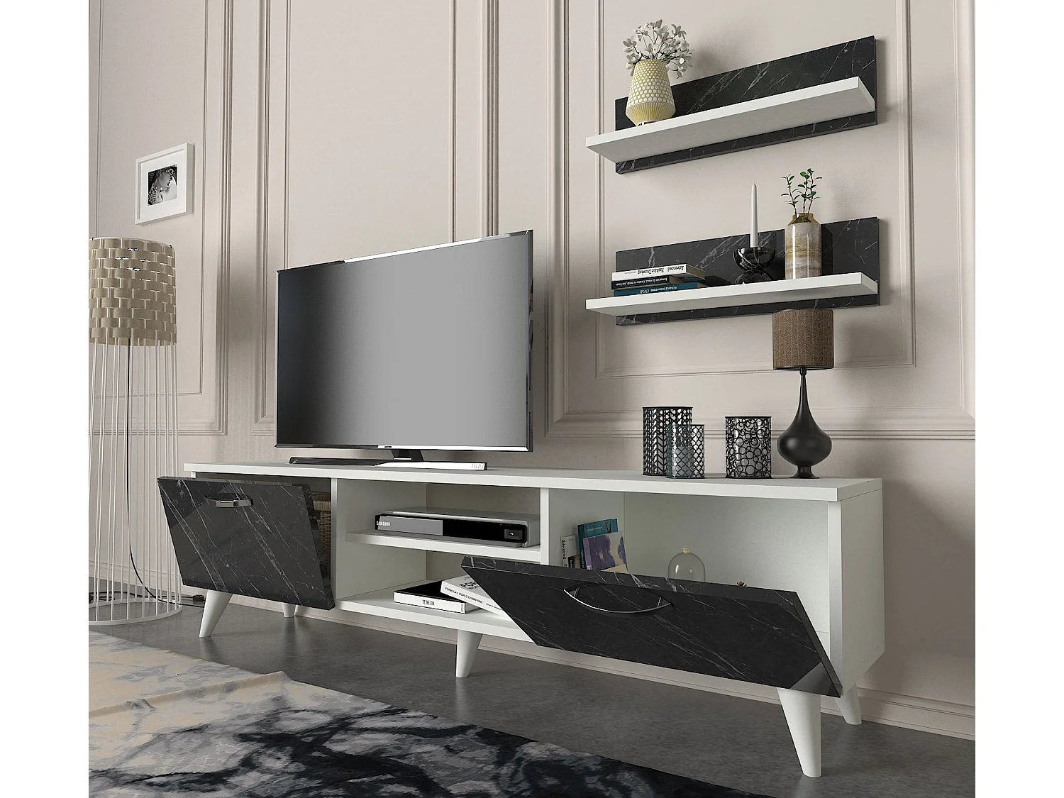 Wohnwand Geacles Weiß Dunkelgrau ( Marmor optik )