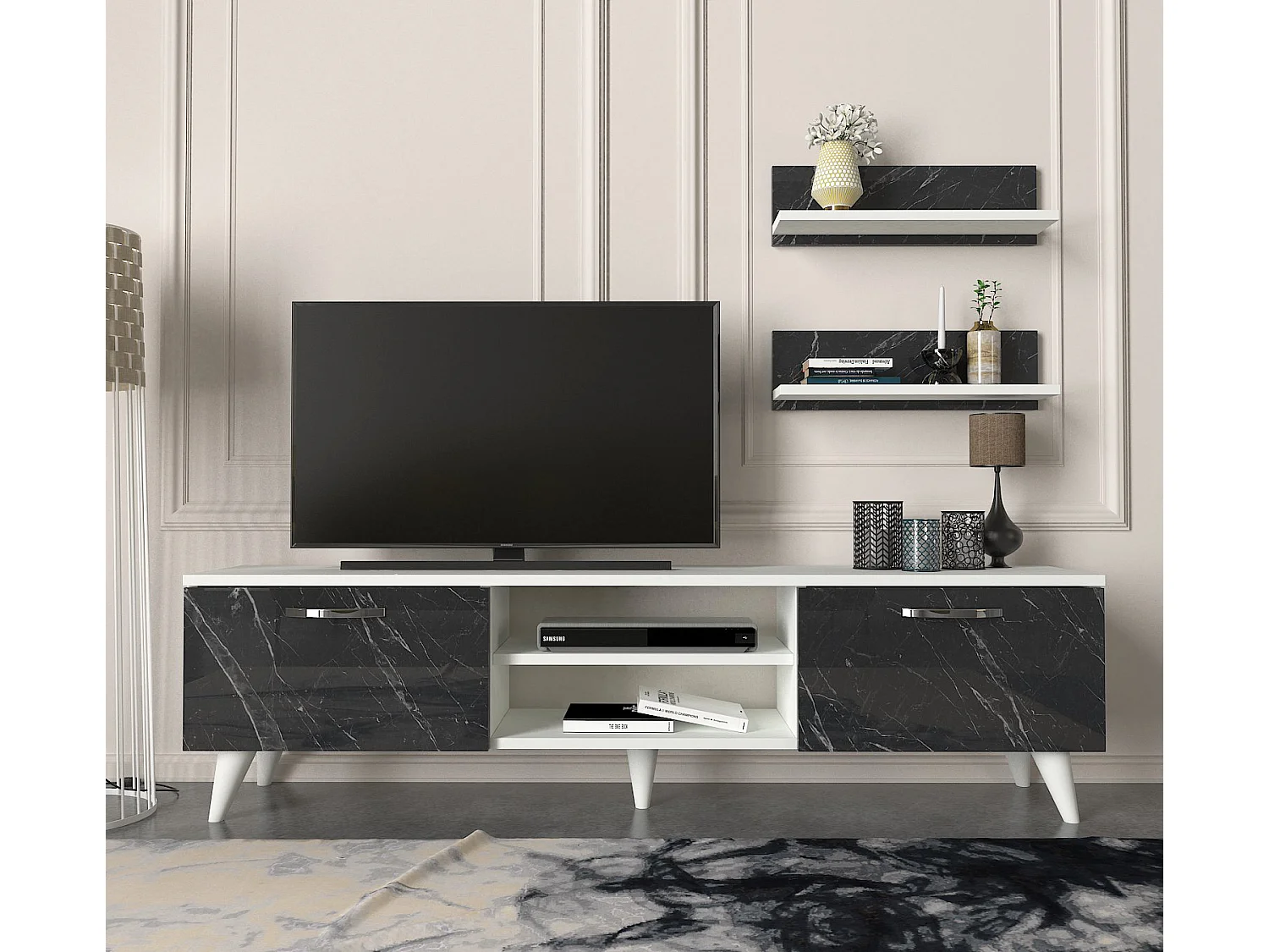 Wohnwand Geacles Weiß Dunkelgrau ( Marmor optik )