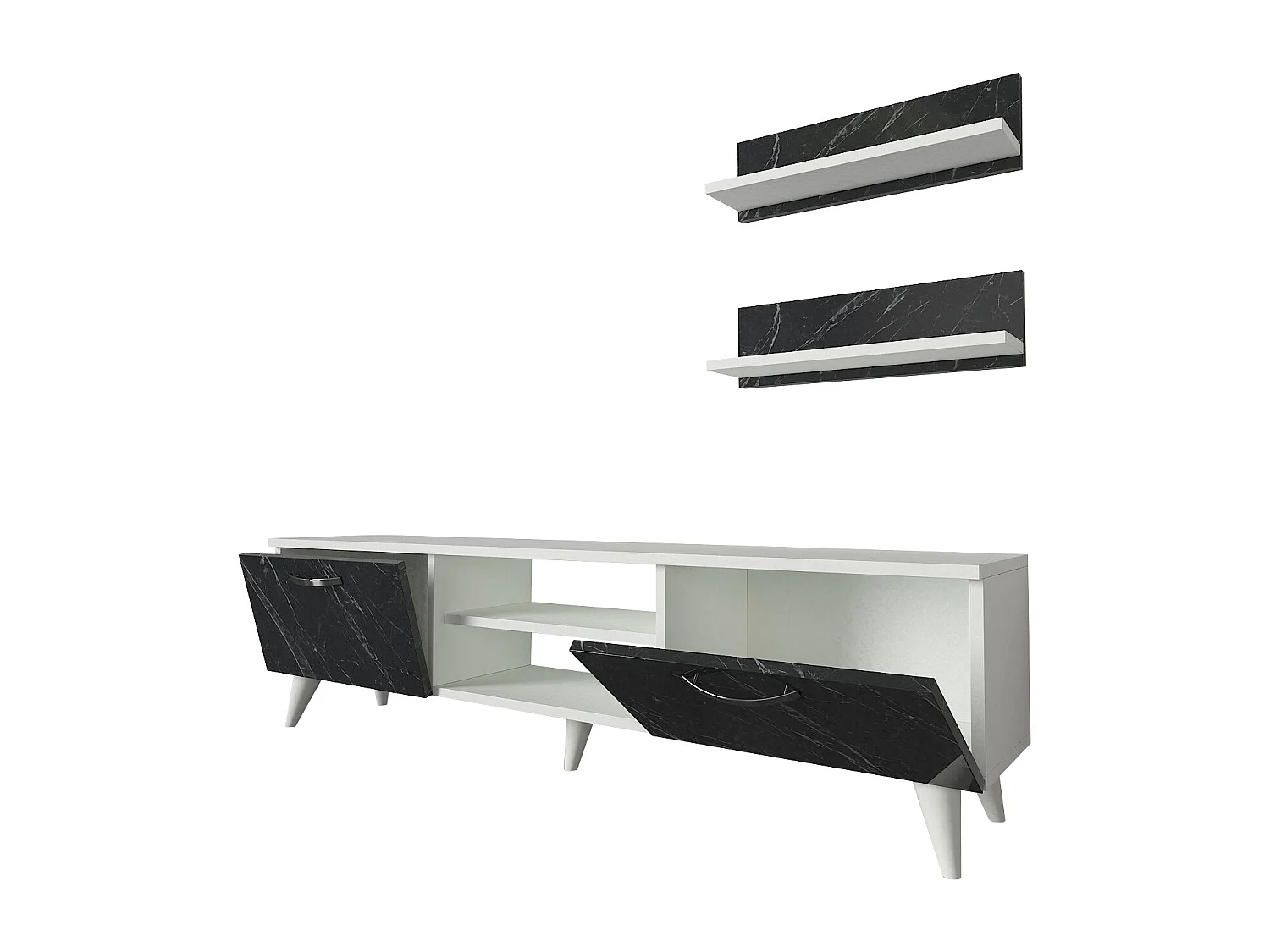 Wohnwand Geacles Weiß Dunkelgrau ( Marmor optik )