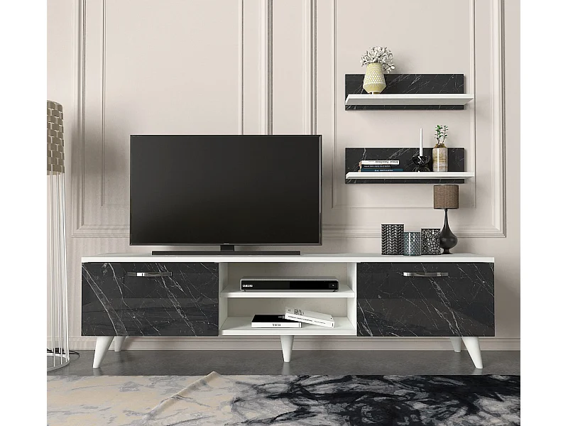 Wohnwand Geacles Weiß Dunkelgrau ( Marmor optik )