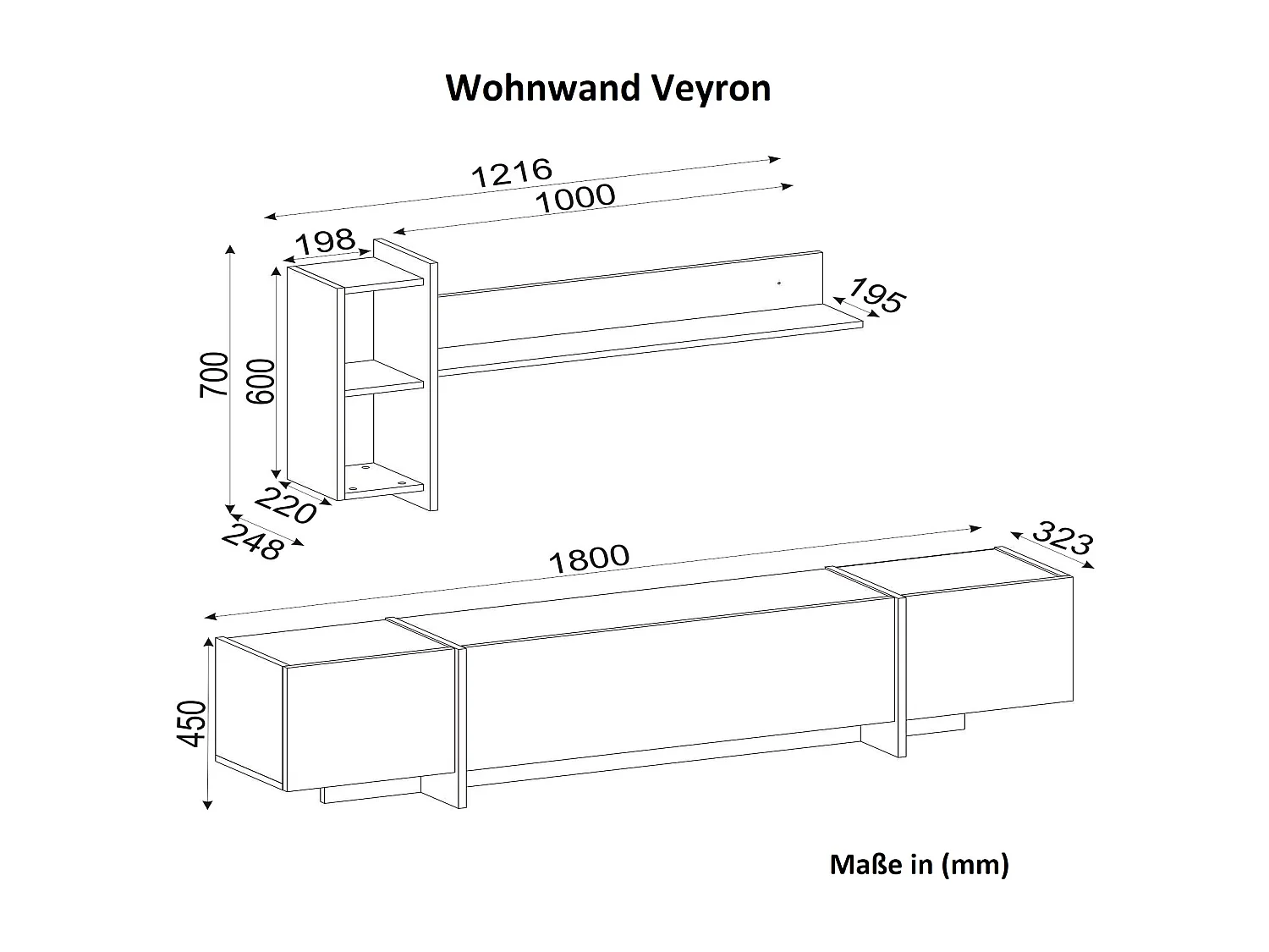 Wohnwand Veyron Rebab Braun Dunkelgrau ( Marmor Optik )