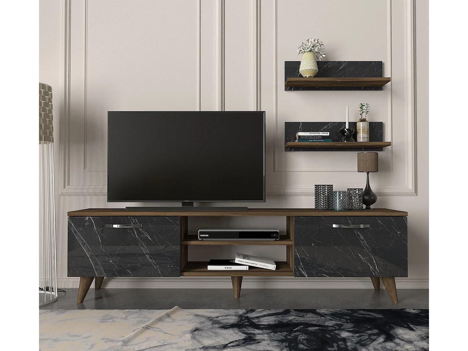Wohnwand Ayden Walnuss Dunkelgrau (Marmor optik)