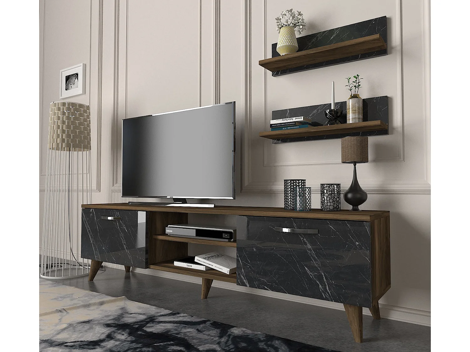 Wohnwand Ayden Walnuss Dunkelgrau (Marmor optik)