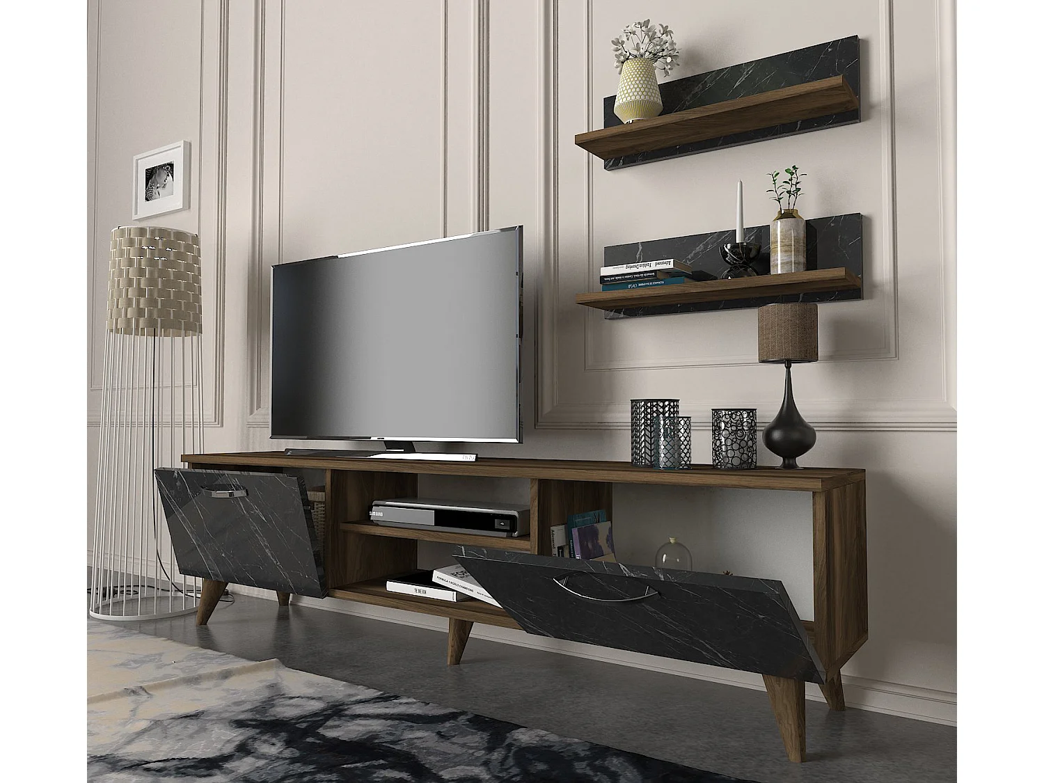 Wohnwand Ayden Walnuss Dunkelgrau (Marmor optik)