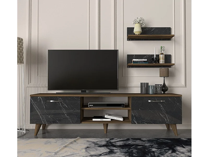 Wohnwand Ayden Walnuss Dunkelgrau (Marmor optik)